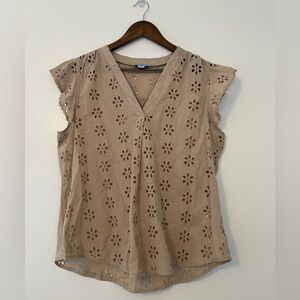 Cece Tan Cotton Flutter Short Sleeve Eyelet Summer Blouse Size Large